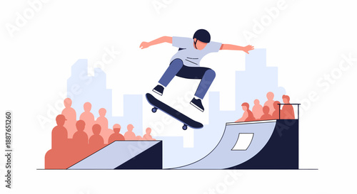 Skater performing air trick at competition with crowd silhouette