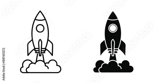 Black and white line icons of rockets launching into clouds on a plain white background.