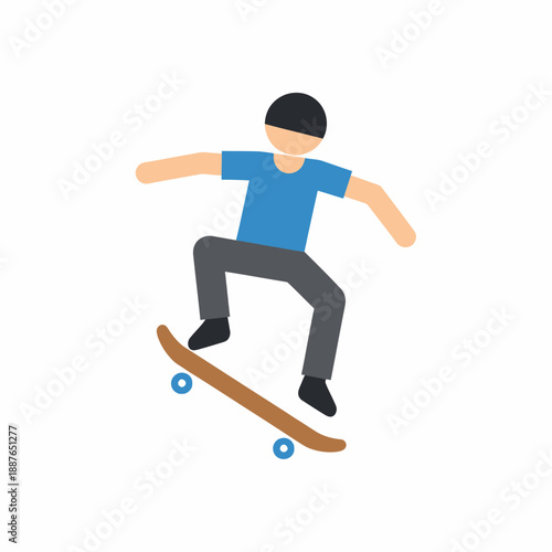 Minimalist character icon of man performing skateboard trick