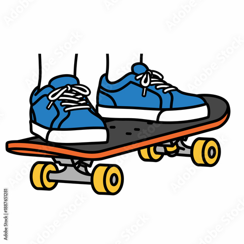 Low angle view of blue sneakers on skateboard illustration