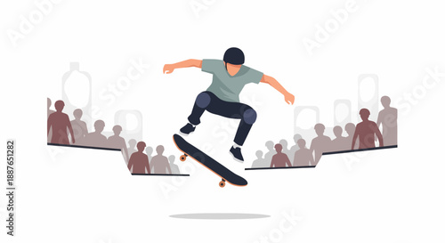 Extreme skateboard jump over gap with audience background