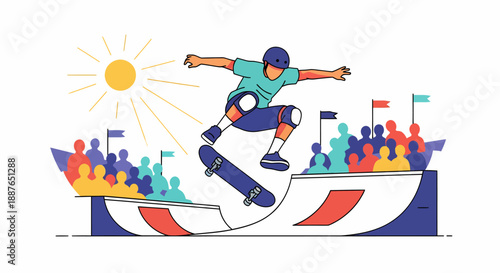 Professional skating competition at skatepark on a sunny day