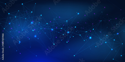 Digital molecular connection and neural network. Futuristic connecting the dots and lines on dark blue background. Vector