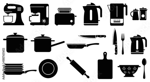 Kitchen Appliances and Utensils Silhouette Collection.