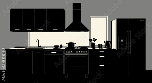 Modern Black Kitchen Silhouette with Appliances and Window.
