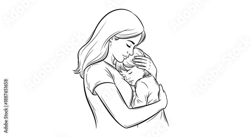 Mother holding her sleeping child in a loving embrace sketch.