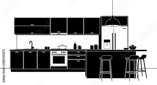 Modern Kitchen Interior Design Silhouette with Island and Appliances.