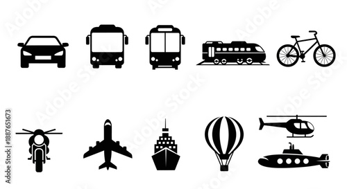 Collection of diverse transportation vehicle icons in silhouette.