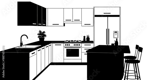 Modern Kitchen Interior Design Black And White Illustration.