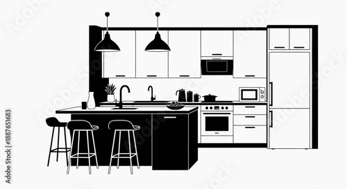 Modern Kitchen Interior Design With Island and Stools.