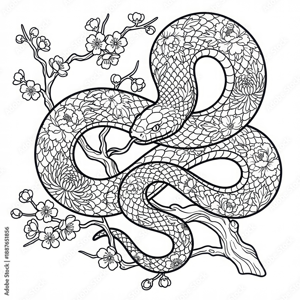 Fototapeta premium Beautiful Snake Illustration with Floral Elements and Intricate Design