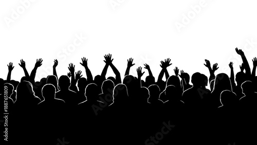 Crowd Silhouette Hands Raised White Background.