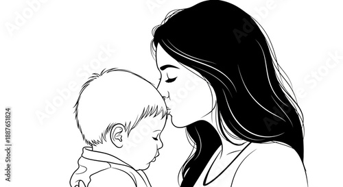 Mother kissing her child on forehead tenderly.