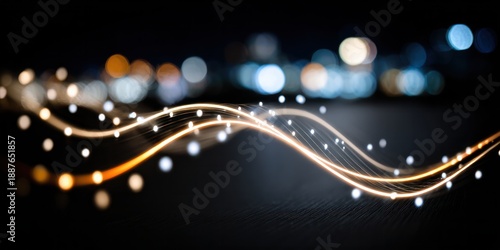 Abstract glowing wave lines with light particles on dark night city background. Wireless data transmission, radio frequency signal, and high speed 6G technology concept