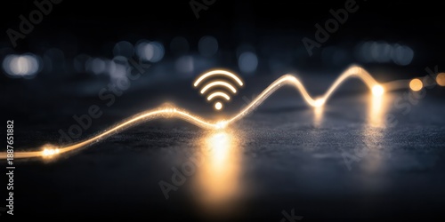 Abstract glowing gold wave line with wireless wifi icon. High speed internet connection, public hotspot zone, and 6G network technology concept