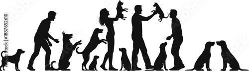Minimalist black silhouettes featuring a diverse group of people interacting with, training, and playing with various dog breeds representing pet ownership and bonding.