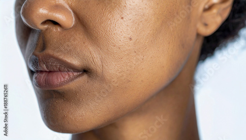 Brown skin with dark spots, hyperpigmentation on brown skin, african american woman with skin blemishes, imperfect skin