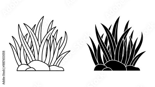Simple Vector Grass Bush and Stones Line Art and Silhouette Icons