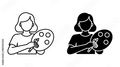 Artist Holding Palette and Brush, Outline and Silhouette Icons