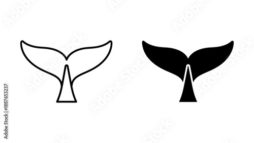Minimalist Whale Tail Icon Set: Outline and Solid Black Graphic