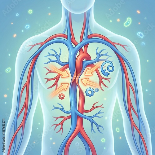 The human cardiovascular system, showing blood vessels, circulation pathways, and perfusion processes that support oxygen, nutrient transport, and metabolic regulation in the body.