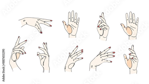 Various hand gestures and signs illustrated in a minimalist style on a clean background from different viewpoints