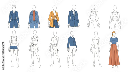 Fashion illustration showcasing diverse clothing styles on mannequins from a frontal viewpoint in a clean environment