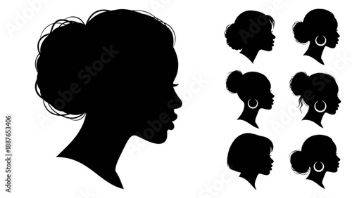 Collection of woman silhouettes with varied hairstyles and accessories displayed together