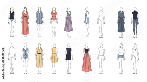 Collection of female fashion illustrations showcasing various dresses and outfits from a front viewpoint