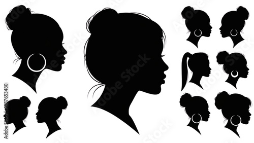 Silhouette profiles of women with various hairstyles and earrings in a collection of illustrations
