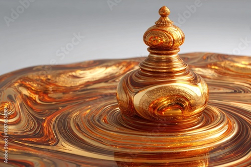 A 3D chess piece (King) made of liquid gold, surreal ripples, high-end luxury stock photo, copy space