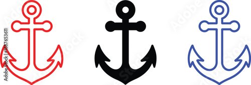 anchor symbols in vibrant, red, solid black, and calming blue, ideal for maritime themes and decorative graphic design