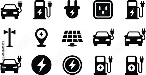 Comprehensive set of electric vehicle and sustainable energy icons for modern eco-friendly transportation solutions