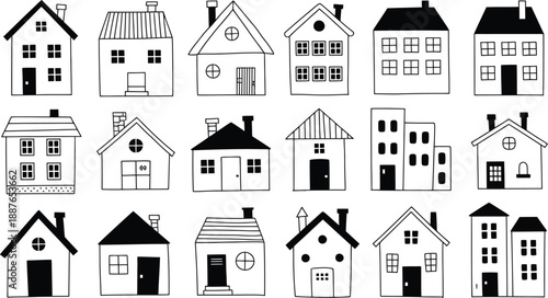 Hand-drawn house illustration set, whimsical doodle collection of charming homes and buildings with playful lines for kids design, urban creativity, storytelling, and decorative graphic projects