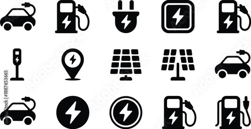 Electric vehicle charging icon set, vector symbols for EV charging stations, eco-friendly transportation, green energy infrastructure, and sustainable mobility design for apps, maps, and smart city 