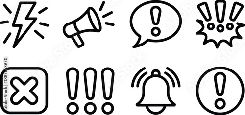 alert and notification icons, including a bell, megaphone, and exclamation marks