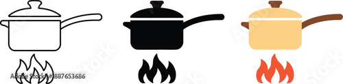 Cooking Pots, on Fire Icons, A Symbol of Culinary Preparation and Heat