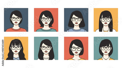 Diverse group of people with glasses in colorful illustrations from a frontal viewpoint.