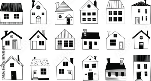 Charming collection of hand-drawn house illustrations, capturing the essence of diverse residential architecture with a minimalist and playful aesthetic