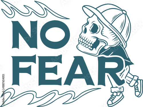 Skull wearing cap with no fear lettering design