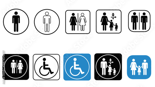 Collection of restroom signs for men women and disabled people.
