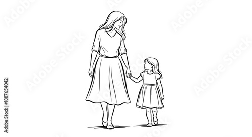 Mother and Daughter Holding Hands Walking Together Sketch.