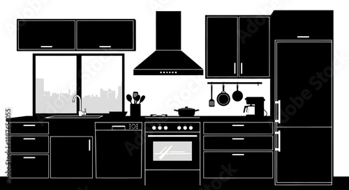 Modern Kitchen Silhouette With Appliances And Cabinets.