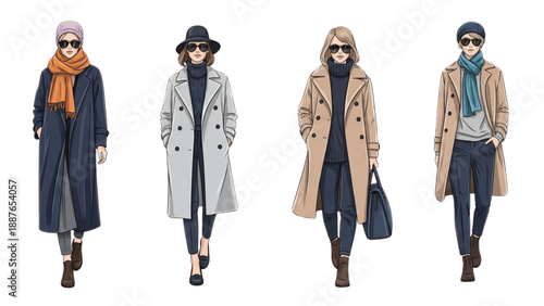 Four women walking in stylish coats and sunglasses from a front viewpoint