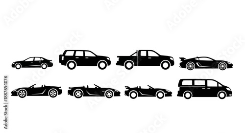 Collection of Diverse Black Car Silhouettes on White Background.