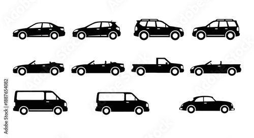 Collection of Diverse Car Silhouettes Isolated on White Background.
