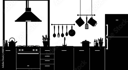 Modern Kitchen Interior Silhouette with Appliances and Utensils.