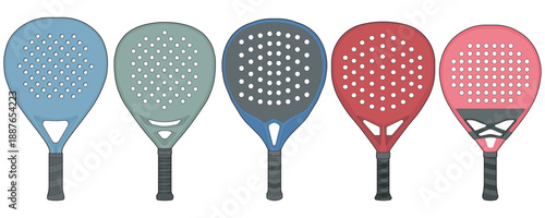 Set of padel rackets in different colors and modern designs, isolated on white background, suitable for sports branding, equipment catalog, product mockup, and padel tennis promotional use.
