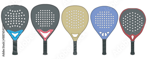 Set of padel rackets in different colors and modern designs, isolated on white background, suitable for sports branding, equipment catalog, product mockup, and padel tennis promotional use.