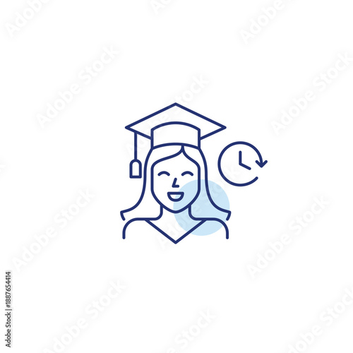 Young woman wearing graduation hat and clock. University learning, higher education degrees. Pixel perfect, editable stroke vector icon